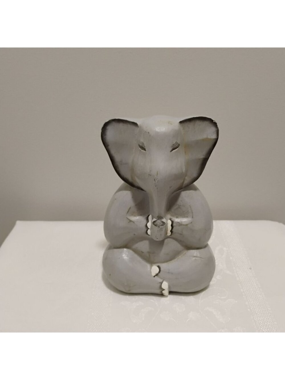 Hand-Carved Wooden Elephant Statue With Meditative Pose - Gray Finish - 7"